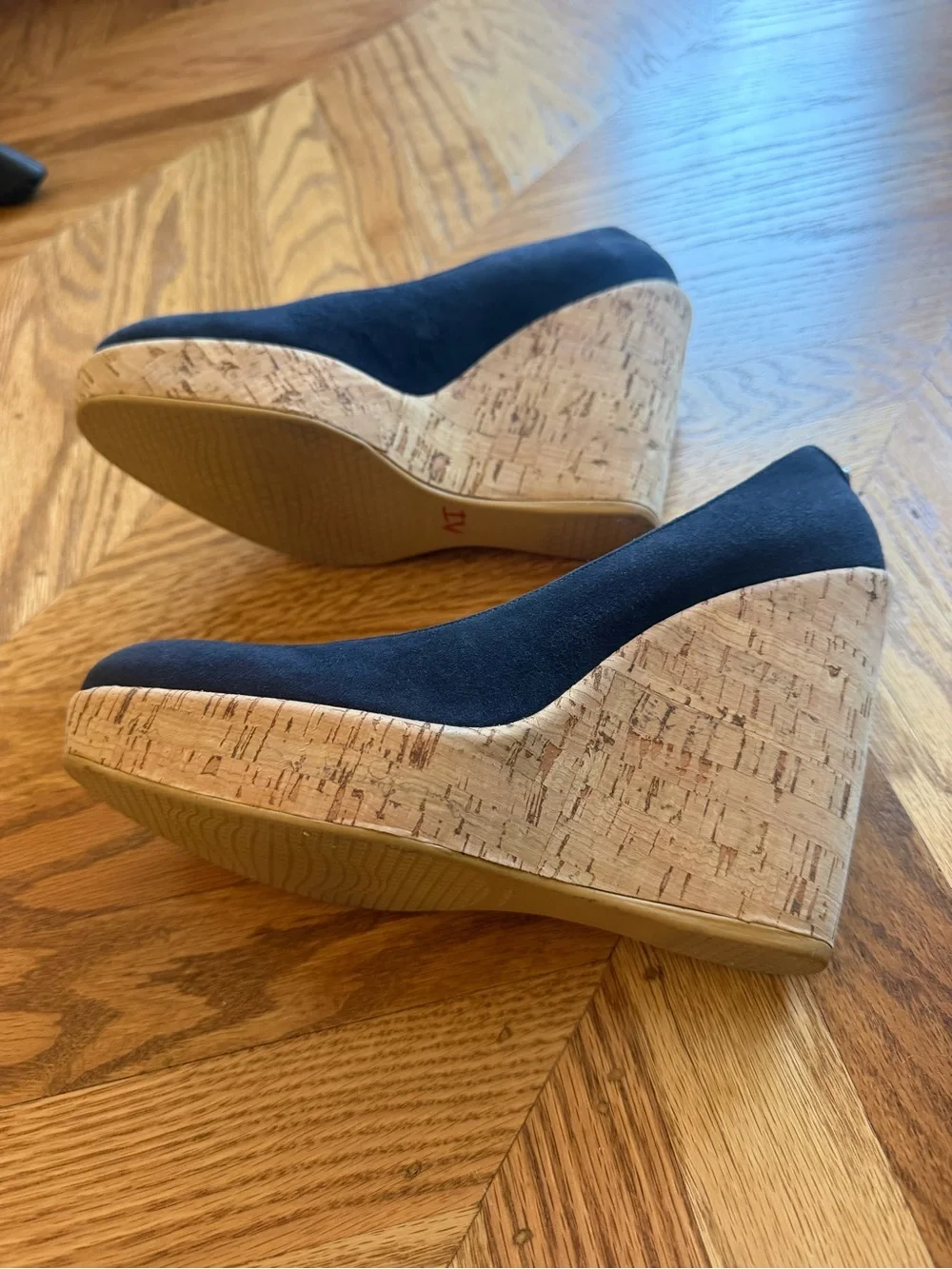 Stuart Weitzman Navy Suede Cork Wedge Pumps Women’s